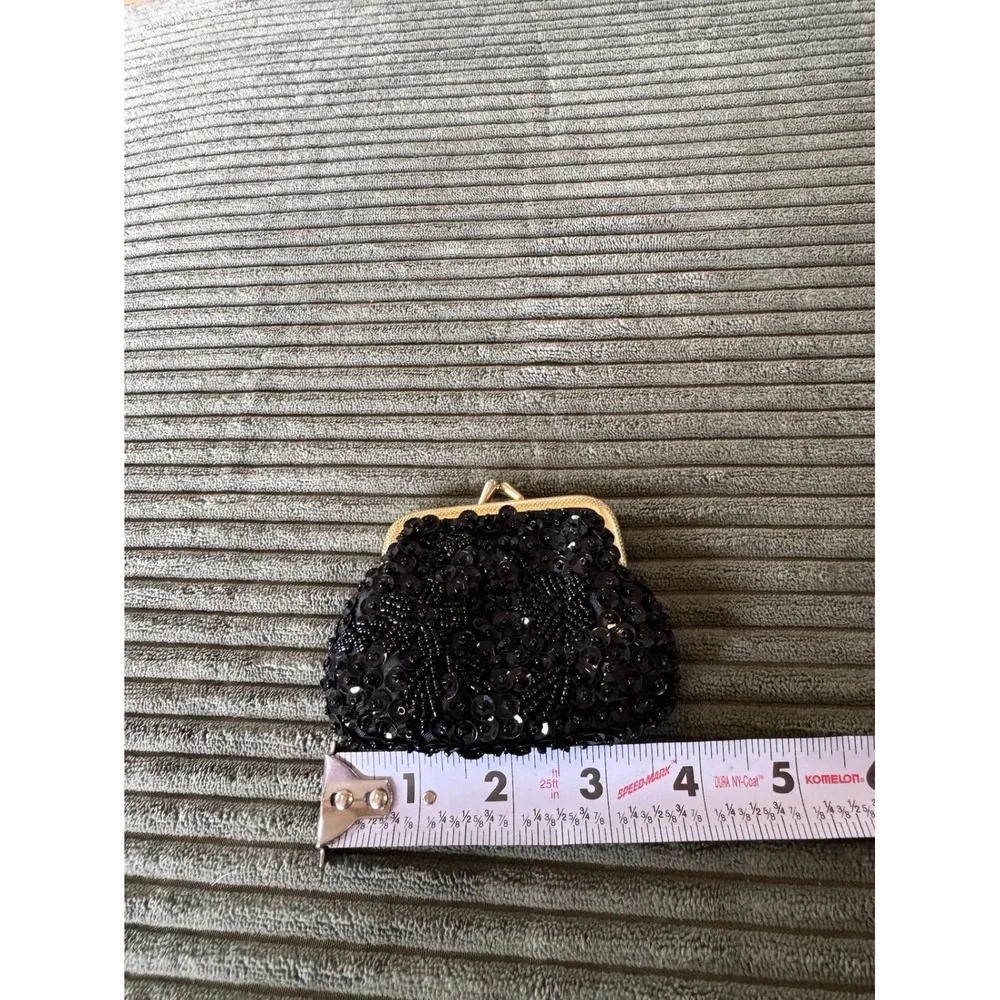Black Sequin Beaded Mini Coin Purse Clutch Evening‎ Bag Party